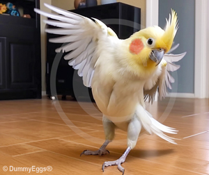 A lively cockatiel with a prominent yellow crest and orange cheek patches flaps its wings mid-motion against a home interior backdrop, featuring a dark tiled floor and black cabinets.