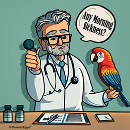 A cartoon depicting a doctor with a white coat and stethoscope talking to a macaw parrot sitting on his hand. The doctor speaks in a speech bubble, any morning sickness? On the table are bottles of tablets, a clipboard, and a cellphone.